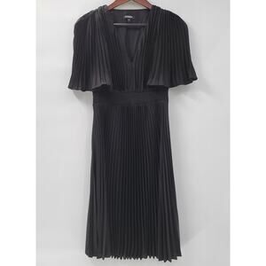 Express Pleated Dress Womens S Black Silky Satin Puffy Sleeve Smock Waist Flowy